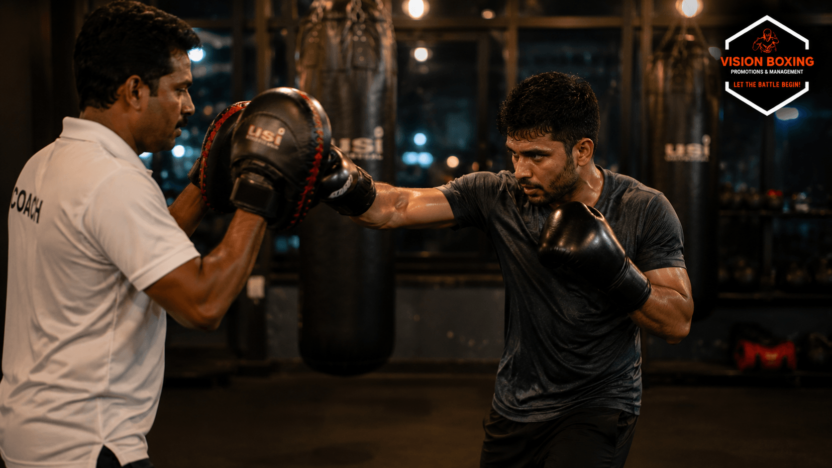 Boxing training after office hours in Bangalore with coach pad work